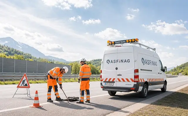 Zwei ASFINAG-Straßenarbeiter in orangefarbener Schutzkleidung bei Wartungsarbeit