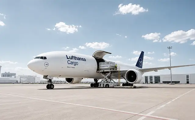 Lufthansa-Cargo-Flugzeug auf dem Flughafenvorfeld mit geöffneter Frachttür währe